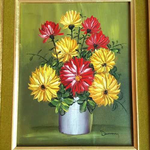 Vintage Blumen Ölgemälde gelb rot Blumen antik gold Holzrahmen signiert - Bild 3 von 18