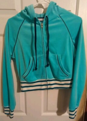 No Boundaries Velour Zip Hoodie Jacket Bleached Teal Womens M (7/9)