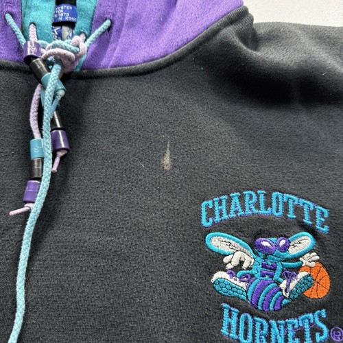 Vintage Starter Charlotte Hornets Hoodie Men’s Large Black Double Faced NBA 90s - Picture 3 of 8