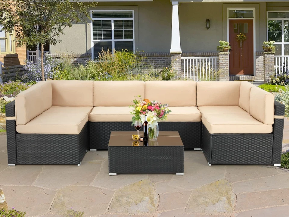 7-Pieces Patio Furniture Set Outdoor Sectional Sofa Rattan Wicker Sofa W/ Table - Image 2 of 4