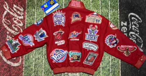 Jeff Hamilton NBA Teams Wool/Leather Jacket Basketball All Over Patch Sz 6XL New - Picture 1 of 11