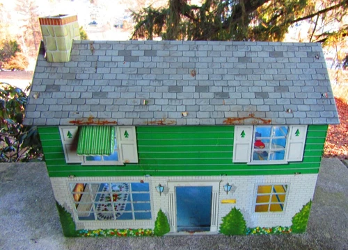 Vintage 1950s-60s Metal Marx 2-Story Colonial Dollhouse w/ Staircase & Awning