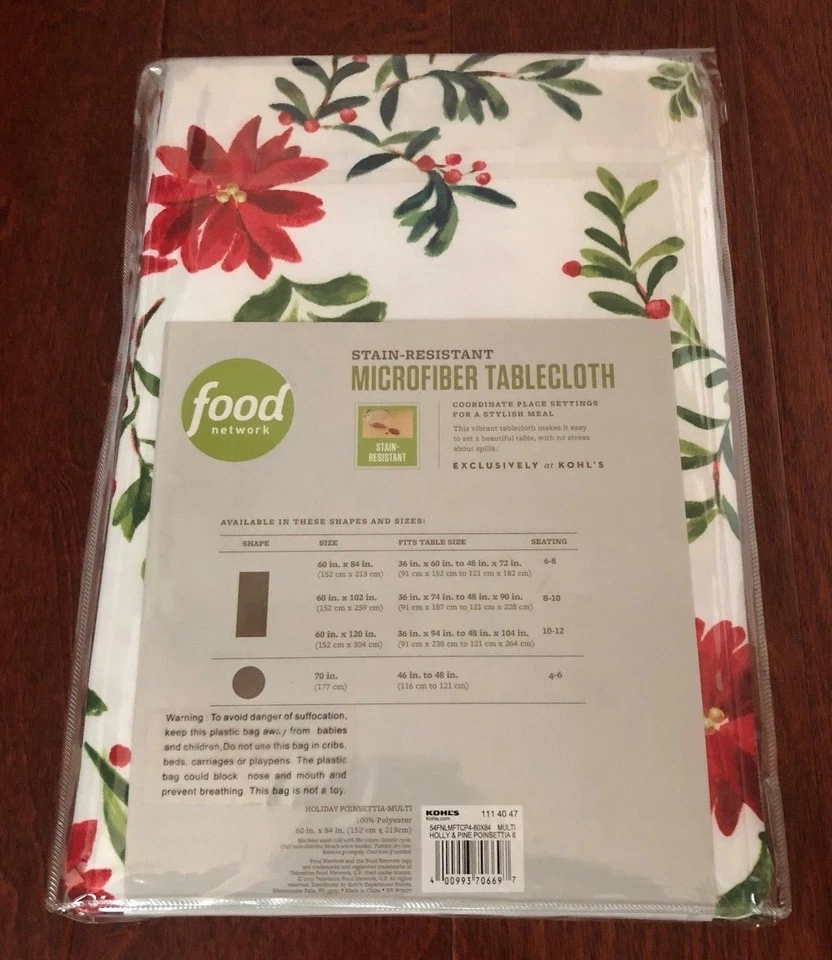HOLLY & PINE POINSETTIA Tablecloth 60"x 102" MICROFIBER Stain Proof FOOD NETWORK - Image 2 of 3
