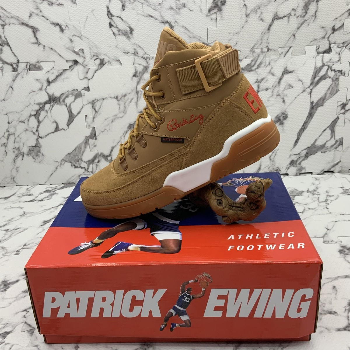 Men's PATRICK EWING 33 HI WINTER Wheat Gum Red Sneakers NWT