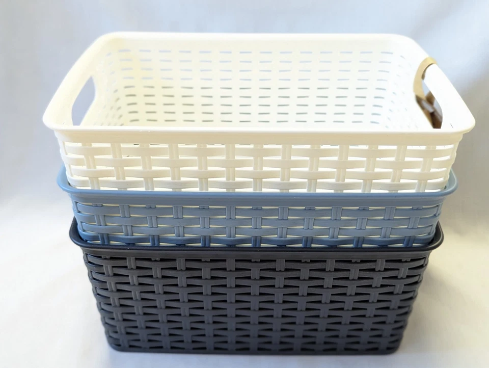 Pack of 3 Storage Basket Box Container Rattan Plastic forte 6L Handles 3 Colours - Image 3 of 4