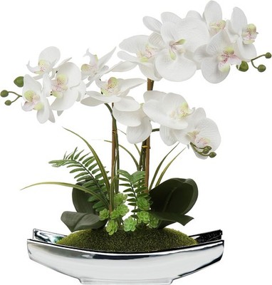 Artificial Flowers 15'' White Orchid Flower Phalaenopsis Orchid in Silver Boat Sh