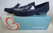 BARETRAPS Otella Navy Suede Leather Slip on Loafers Grey Embroidered 9 M