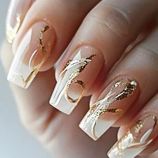 24Pcs White Curve Line Press on Nails Yellow Gradient Medium Square Gold Vine