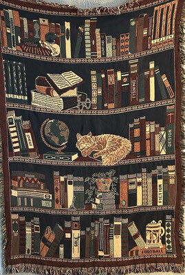 Vntg Goodwin Weavers Cotton Tapestry Fringe Throw Blanket Cat On