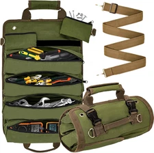 Roll Up Tool Bag Organizer with 4 Pouches and 2 Small Zipper Heavy Duty Perfect