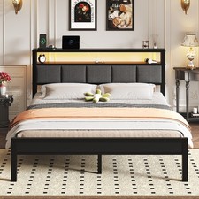 Queen/King Size LED Light Bed Frame with 2-Tier Storage Headboard and Charging.