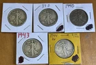 [Lot of 5] WALKING LIBERTY HALF DOLLARS .50  90% Silver $2.50 Face Value