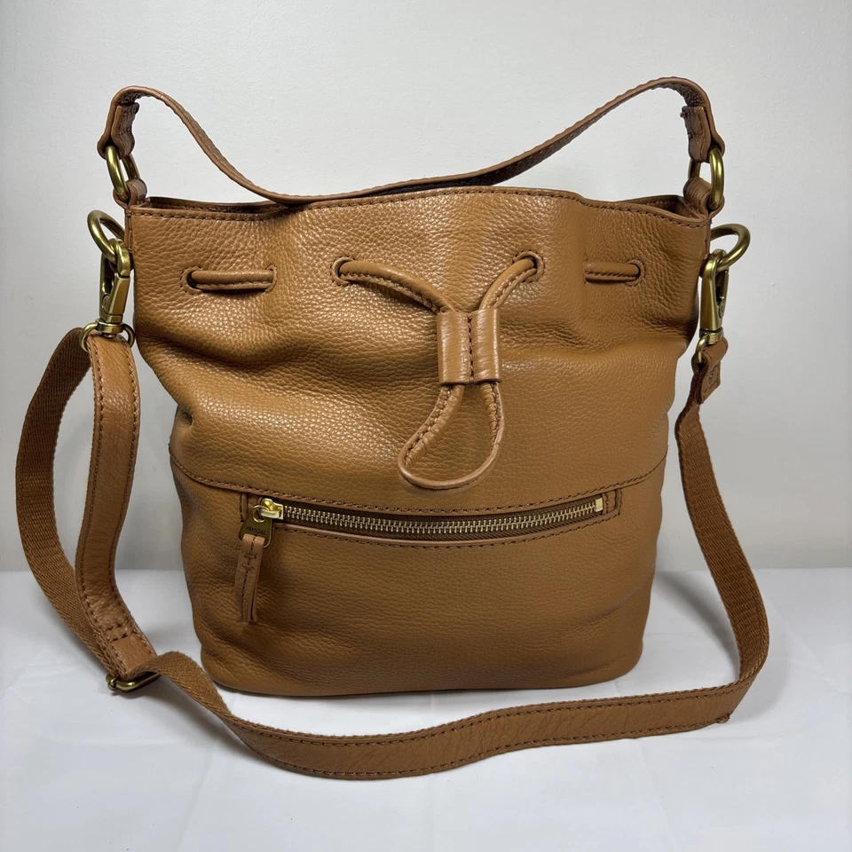 Fossil Vickery Drawstring Tan Leather Bucket Satchel Crossbody Purse Boho Retro - Image 2 of 4
