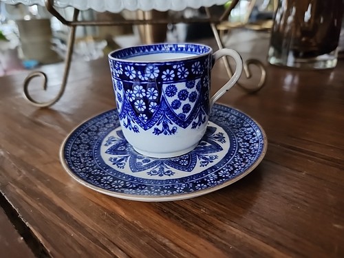 Antique Copeland Spode Blue Transferware Demitasse Cup And Saucer " Primrose " - Picture 2 of 12