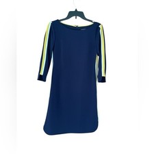 Vince Camuto Navy Blue Shift Dress With Yellow and White Side Stripe Sz 4