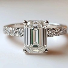 3.25CTW Emerald Cut Moissanite Hidden Halo Engagement Ring 14K White Gold Plated