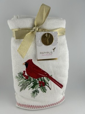 Papyrus White Hand Towels 2PC Set Christmas Embroidered Red Cardinal Bird NEW