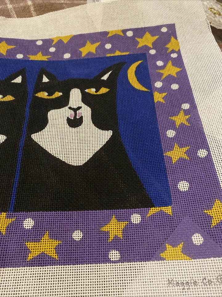 Maggie Co Handpainted Needlepoint Canvas 2 Cats Stars Big 1996 Black White New - Image 4 of 4