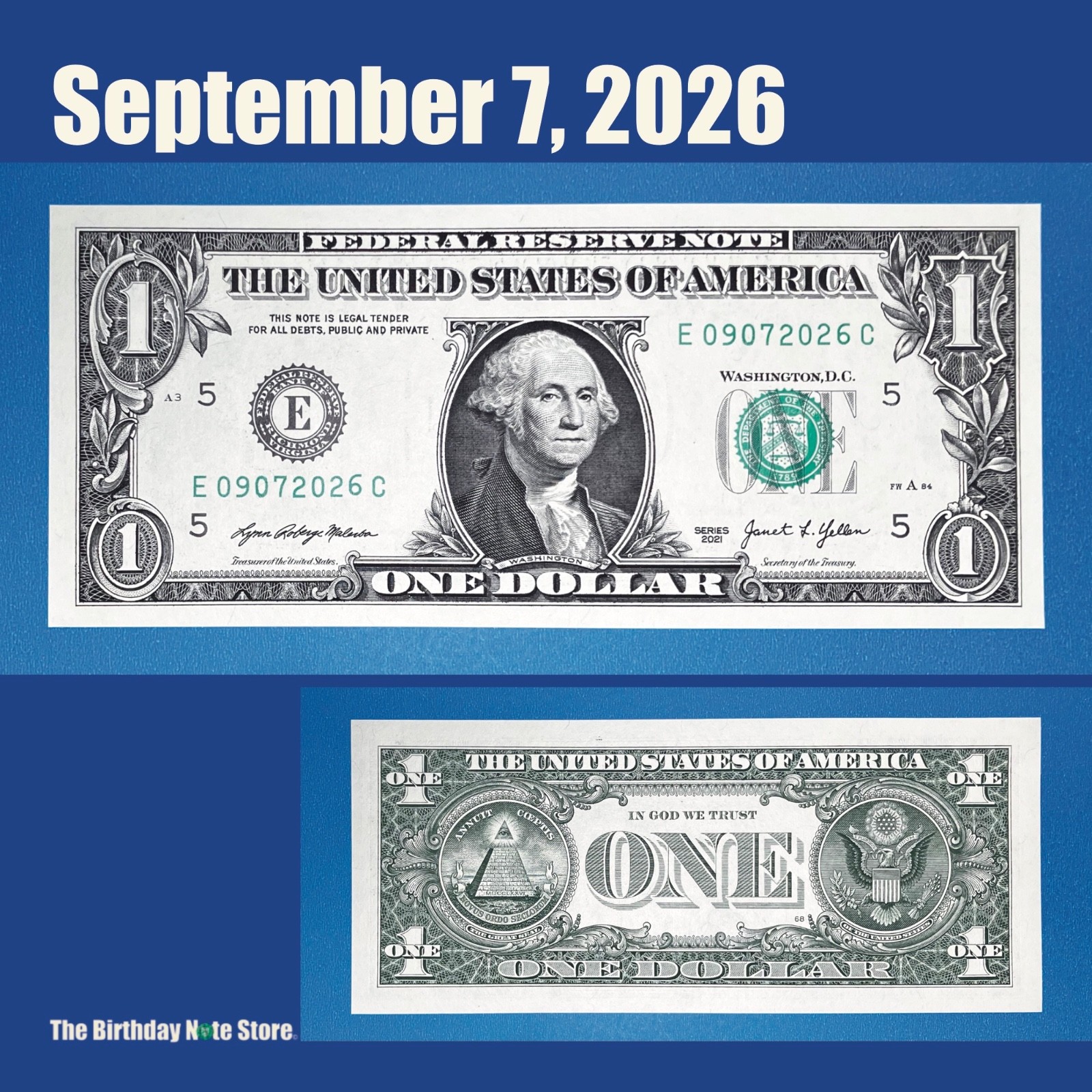September 7, 2026 Birthday Anniversary $1 One Dollar Bill Serial Number ...
