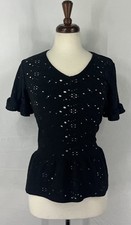 EUC Coin 1804 Womens Black Eyelet Lace Peplum Top Short Ruffle Sleeve USA Made M