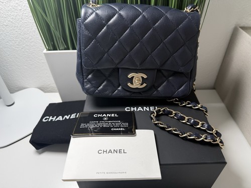 CHANEL Square Classic Single Flap Bag Quilted Lambskin Mini Navy Champagne Gold