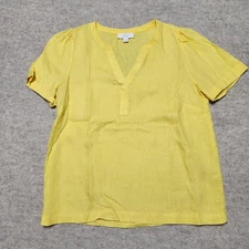 Charter Club Luxury Linen Top Women's Short Sleeve V-Neck Yellow Size S