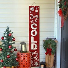 Christmas Welcome Sign For Front Porch Snowflake Red Wooden Vertical Welcome