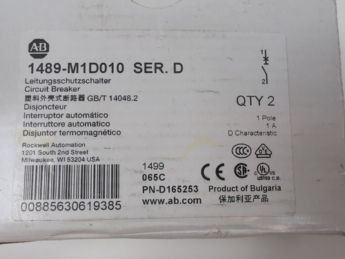 2 Allen-Bradley 1489-M1D010 Miniature Breaker 1A 1-Pole Curve D 240VAC White NEW - Picture 9 of 9