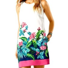 TOMMY BAHAMA XS 100% Silk White Pink Tropical Floral Mini Dress Lined Pockets
