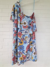 ASOS Women's Blue Floral One Shoulder Dress Size 16 Flowers Feathers Summer