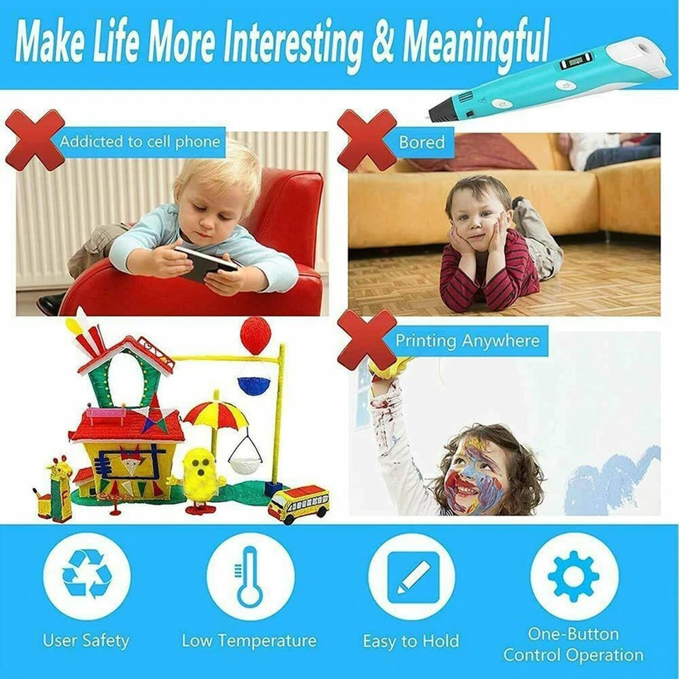 3D Printing Pen Set Doodle Printer Drawing 12 Colours PLA Filament Gift For Kids - image 2 of 4