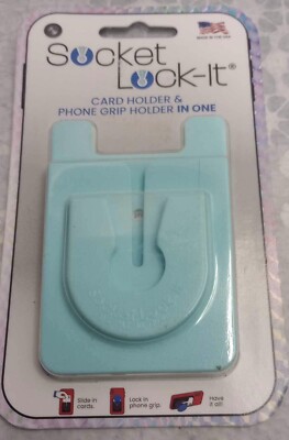 Socket Lock-It, Adhesive Card Holder + Phone Grip Holder in One NEW SEALED Aqua