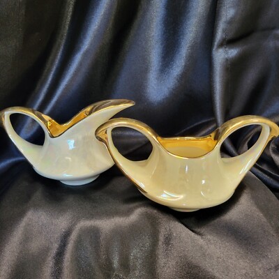 Vtg 22 Karat Gold Leaf Creamer & Open Sugar Pearl China Co 1950's Lusterware