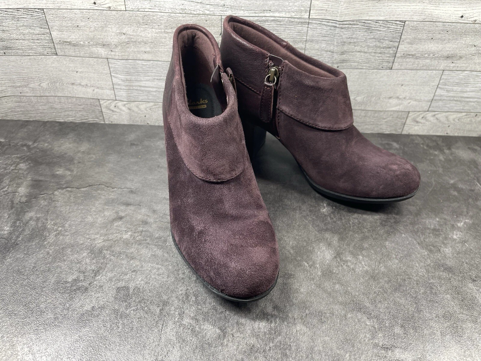 Clarks Enfield Canal Boots scarpe donna 7 5 rosso viola scamosciato stivaletti con tacco alla caviglia