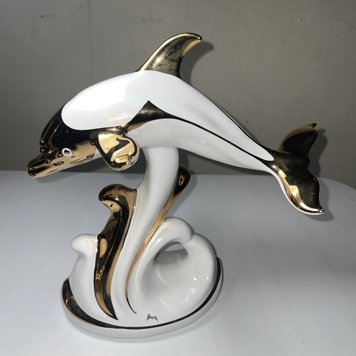 Vintage 24k Art Deco Dolphin Signed Ahunz? Made In Italy. 9x8