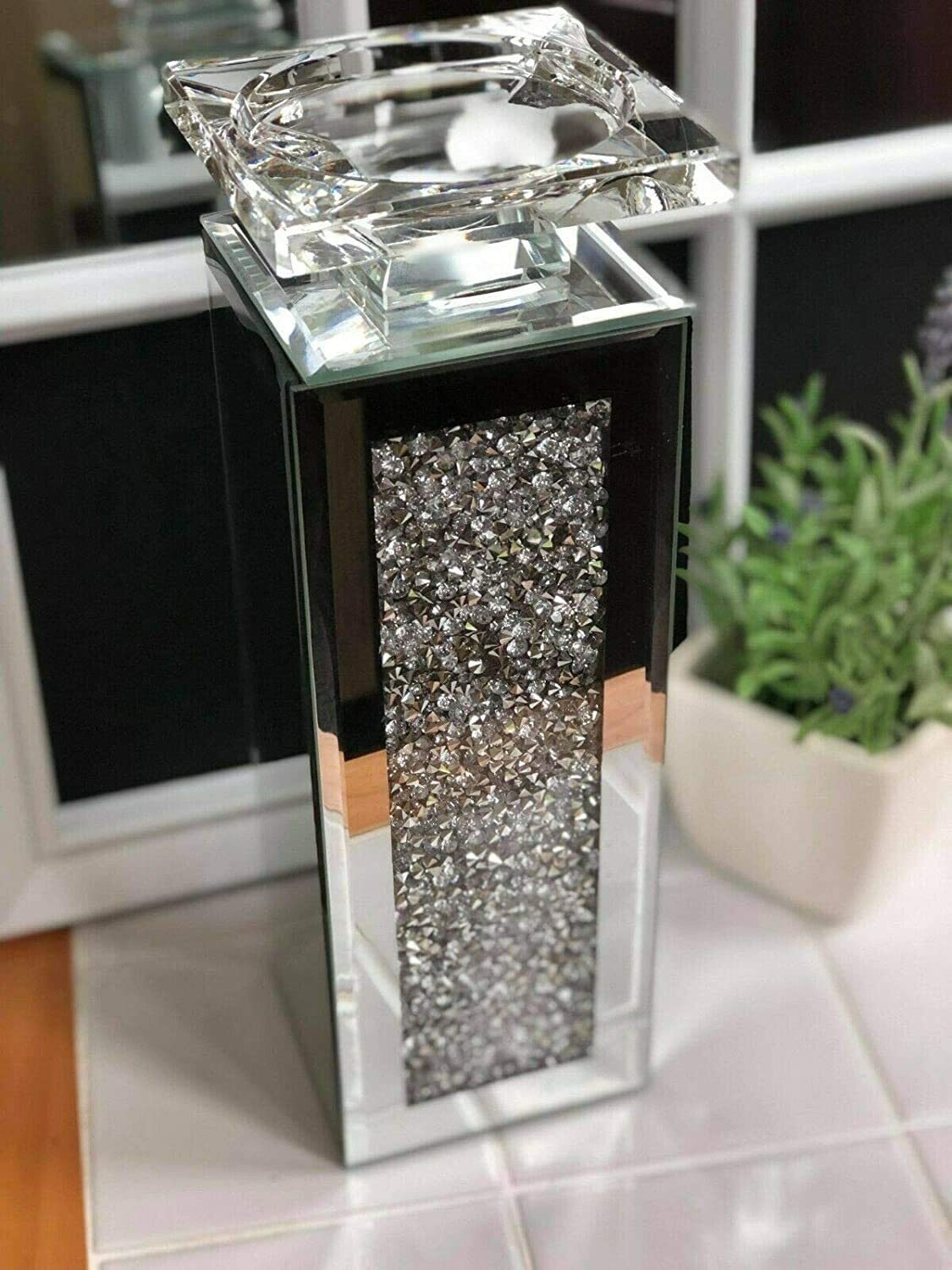 Set of 2 Tall Pillar Diamante Mirrored Crystal Candle Holder Tea Light