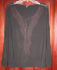 White House Black Market WHBM L Top Blouse Shirt Ruffle Stretch Blk Keyhole Ties