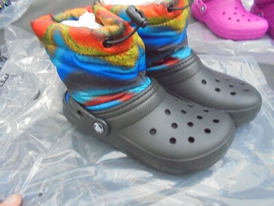 New Crocs Classic Lined Spray Dye Boot Women's Size Junior 2 Black/multi