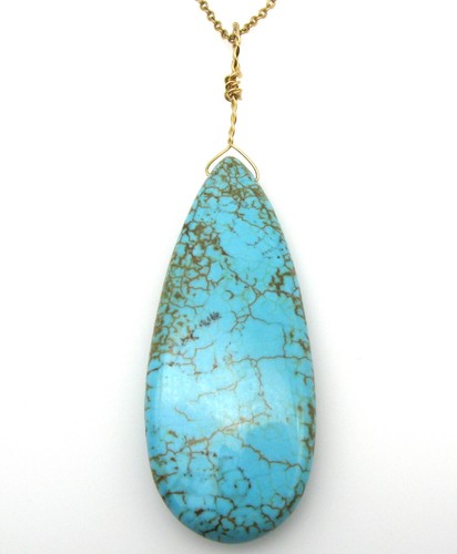 Turquoise Blue Howlite Wire Wrap Teardrop Pendant Necklace 17.5" - Picture 3 of 6