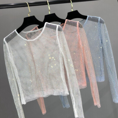 Women Crystal Mesh Blouse T Shirt Sparkly Glitter Shiny See