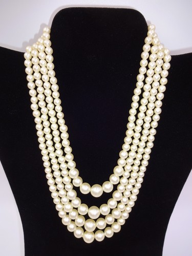 Vintage Faux Pearl Necklace 4 Four Strands Ivory Off White Graduating Hong Kong - Picture 2 of 6