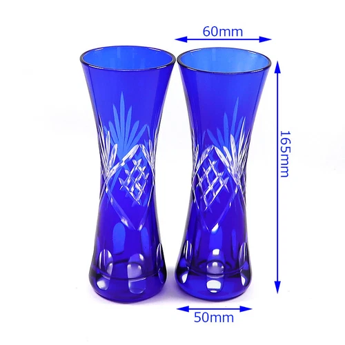 Bohemian Czech Style Blue Glass Vase Hand Cut To Clear Crystal Art Deco 2pcs - Picture 7 of 9