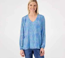 Belle by Kim Gravel Mixed Media Animal Print Blouse Caspian Blue Sz XXS A568880