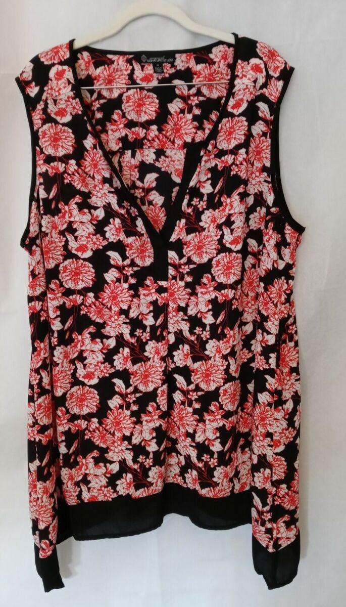 Signature Studio Top 1X Black Floral Trapeze Hem Sleeveless Signature Studio Top 1X Black Floral Trapeze Hem Sleeveless