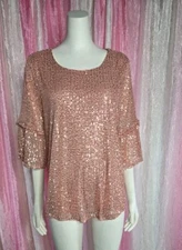 Lauren Conrad Peach Sequin Bell Sleeve Dressy Lined Flowy Top Size Large 