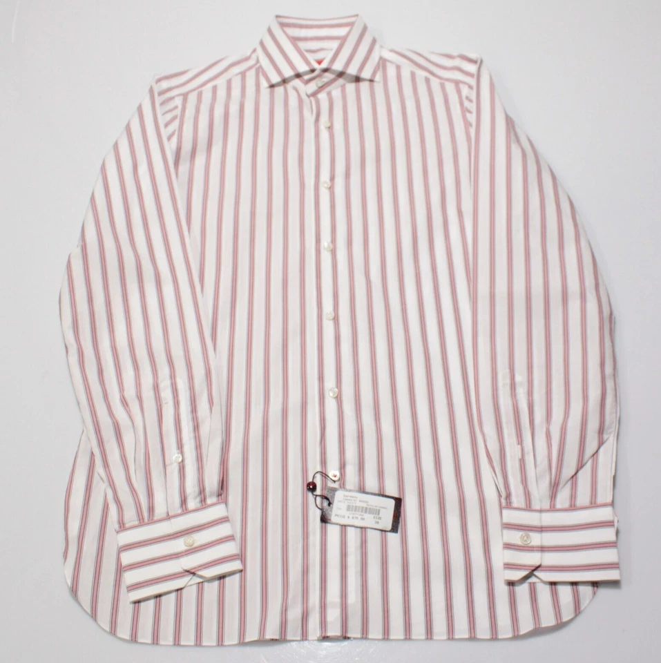 Camisa social Isaia nova com etiquetas tamanho 39 15,5 em branco com listras borgonha/rosa 100% algodão - Imagem 3 de 4