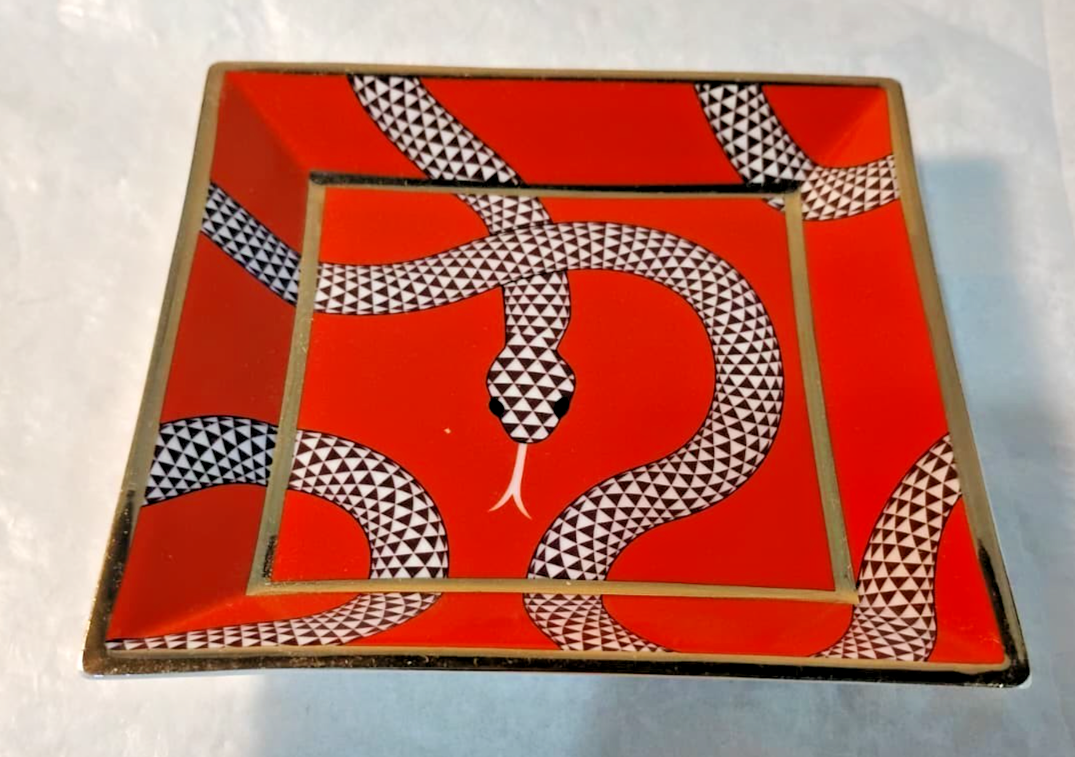 JONATHAN ADLER Eden Square Tray - Orange Porcelain with Gold Snake
