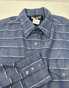 Wrangler Authentic Western Shirt Men's Blue Plaid Pearl Snap Long Sleeve L