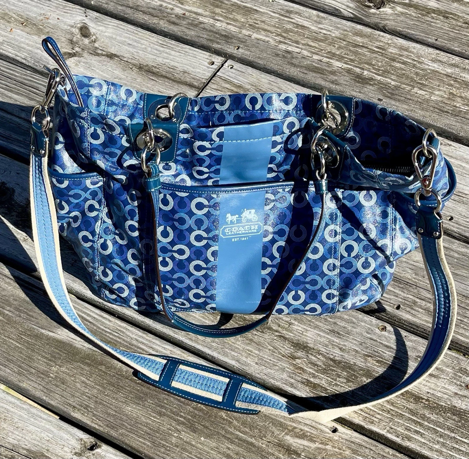 Coach Autentica Pelle Blu Vintage Grande Borsa Tote Pannolini C1069 15561 Ottime Condizioni