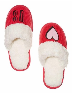 Victoria s Secret Cozy Embroidered Scuff Slippers, Faux Fur Trim, Red, Sz L, NWT